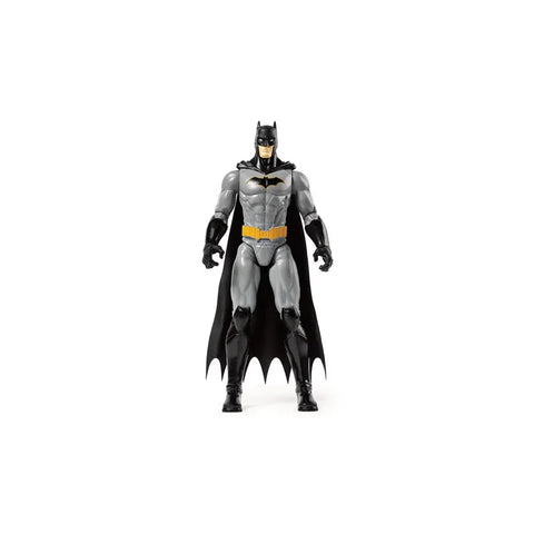 Batman action figure in grey and black suit with yellow belt and cape on white background