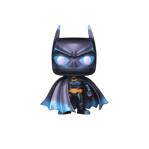Batman 85th anniversary collectible Pop Vinyl figure with blue and black cape on white background