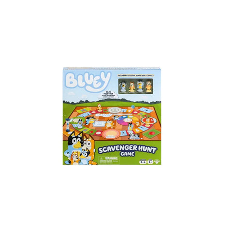 Bluey Scavenger Hunt board game box with character figures and colorful game board