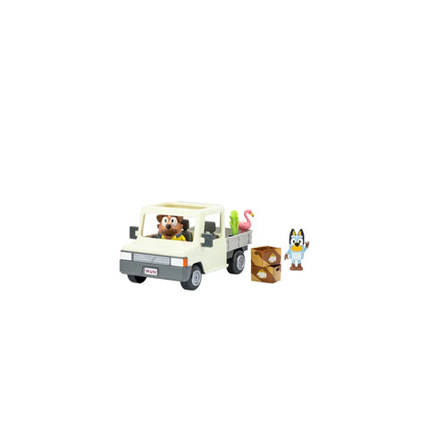 Bluey toy ute with character figures, crates, and accessories for kids' play