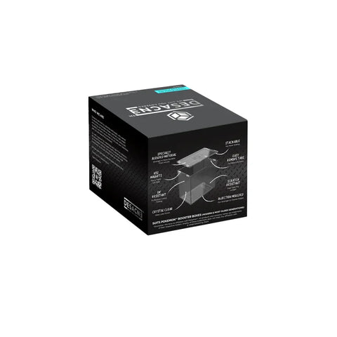 Protective display case box for trading card booster boxes with descriptive features on packaging