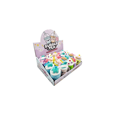 Box of cute bubble tea backpack plush keychains in assorted pastel colors