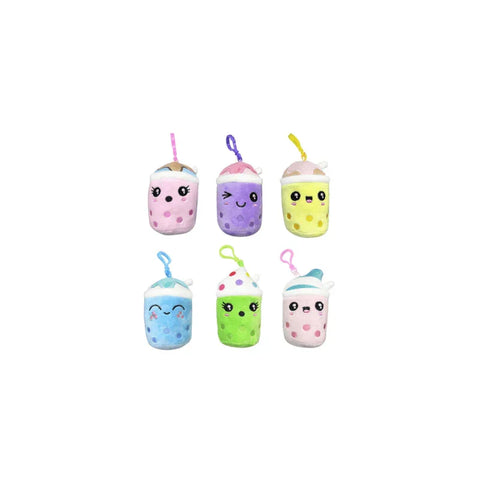 Plush bubble tea backpack clips in assorted colors with cute faces, toy collectibles.
