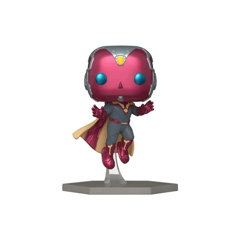 Vision pop vinyl figure with red, gold, and gray colors on display stand
