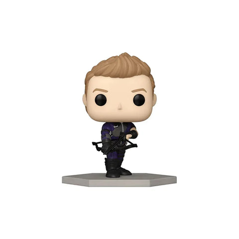 Hawkeye vinyl collectible figure with bow, purple and black suit, on display base