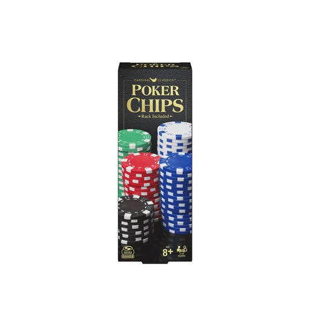 Box of classic 100 piece poker chips with red, green, blue, black, and white chips visible