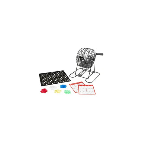 Classic deluxe metal bingo cage set with bingo balls, cards, chips, and call sheet