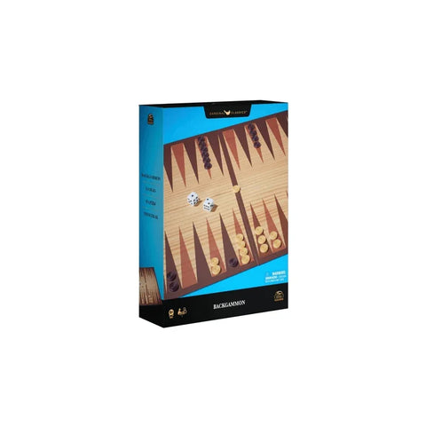 Classic backgammon board game box with wooden design and game pieces