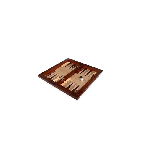 Classic wooden backgammon set with checkers and dice on a white background