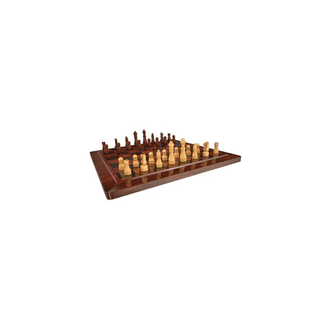 Wooden chess set with classic pieces on a polished board, ready for play