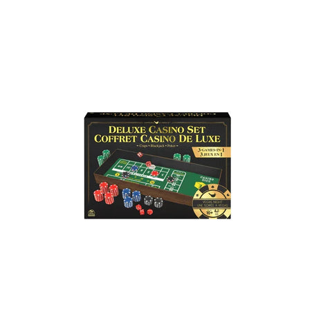 Deluxe casino set box with gaming chips, dice, and table layout for craps, blackjack, and poker.