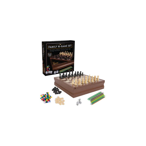 Classic wooden 10 game set in cabinet with chess, checkers, pick-up sticks, and game pieces.