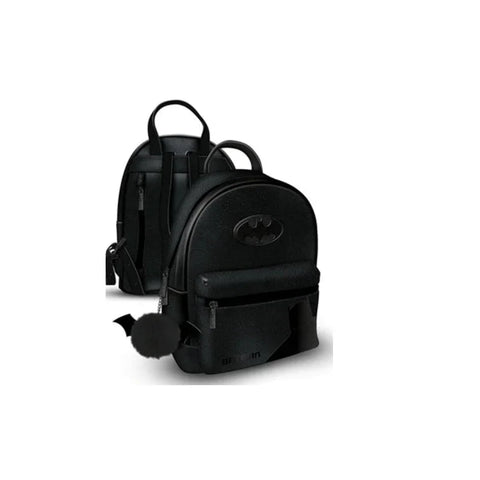 Black fashion backpack with embossed Batman logo and bat-shaped keychain