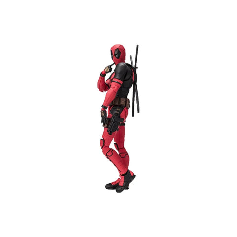 Deadpool action figure in red and black suit with weapons, collectible toy