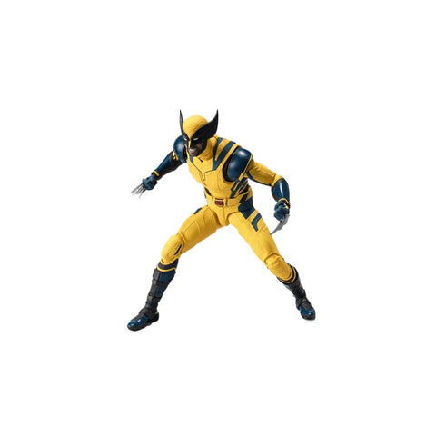 Wolverine action figure in yellow and blue costume with extended claws, collectible toy