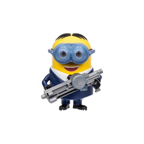 Minion collectible toy figure in blue suit with goggles and blaster, isolated on white