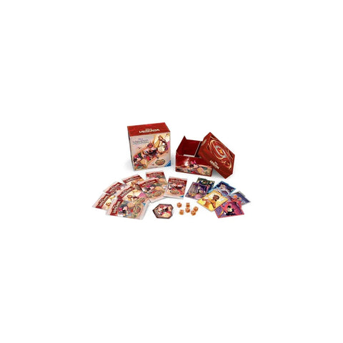 Disney Lorcana card game set with cards, tokens, and storage box on white background.