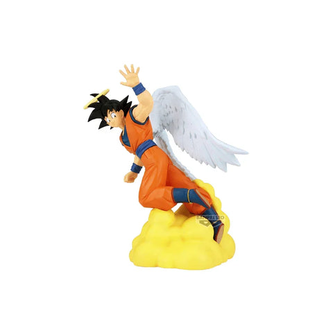 Anime action figure with orange suit, black hair, wings, and halo on yellow cloud.