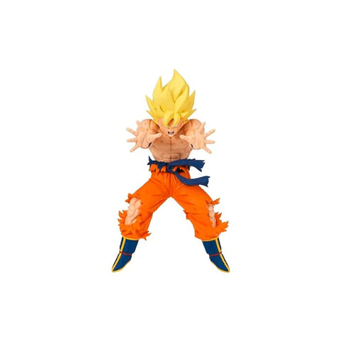 Super Saiyan action figure in dynamic pose, orange pants, spiky yellow hair, collectible toy