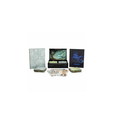 Tabletop RPG campaign terrain set with maps, screens, tiles, and game accessories displayed.