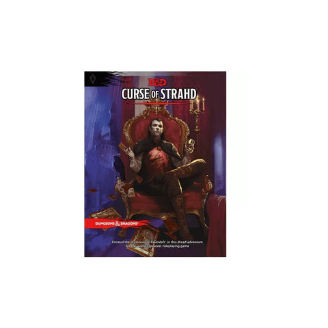 Dungeons & Dragons Curse of Strahd book cover with a vampire lord on a throne