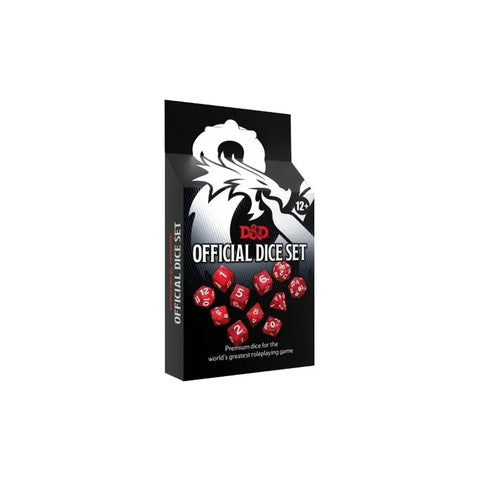 Official D&D dice set with red polyhedral dice in a black fantasy-themed box