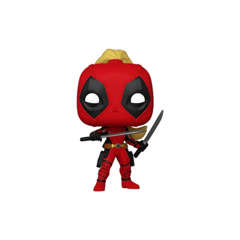 Red and black masked collectible figure with blonde ponytail holding swords, vinyl toy