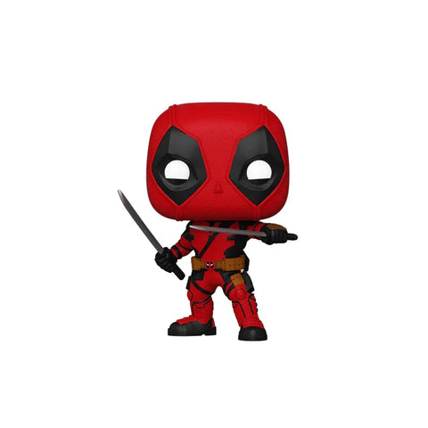Deadpool Pop vinyl collectible figure holding a sword, red and black suit, on white background