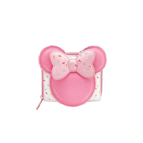 Pink Minnie Mouse macaron purse with bow and colorful sprinkle details
