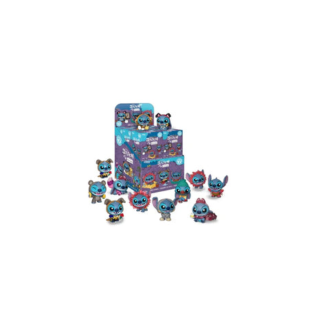 Stitch collectible figurines in colorful outfits with display box, perfect for games and toys enthusiasts.