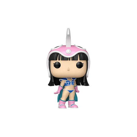 Anime vinyl collectible figure of a girl in a pink helmet and blue outfit, isolated on white