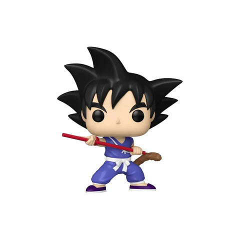 Anime pop vinyl figure with black spiky hair, blue outfit, and red staff collectible toy