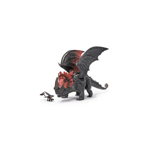 Black and red dragon toy figures with large wings on a white background