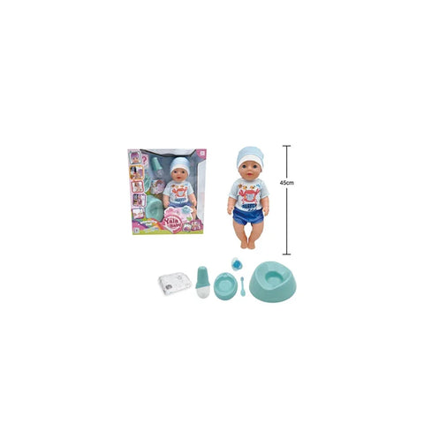 45cm drink and wet boy baby doll with accessories and original packaging