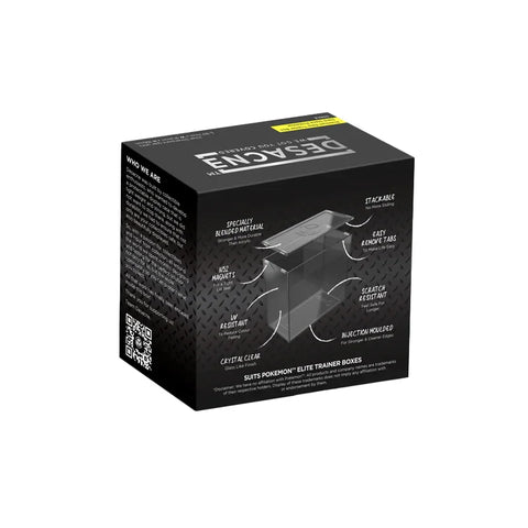Elite Trainer Box protective case packaging for trading cards, with clear display and key features highlighted.