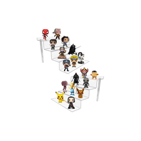 Clear 4-step acrylic display stand holding assorted collectible action figures