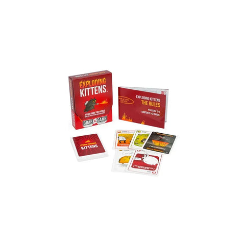 Exploding Kittens card game 2 player edition with box, rulebook, and playing cards displayed.