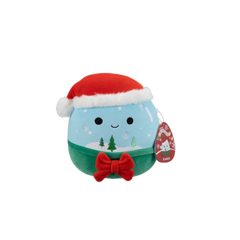 Cute snow globe plush toy with Christmas hat, red bow, and forest trees design