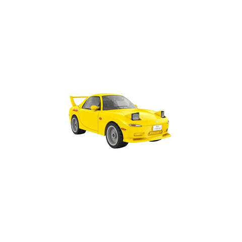 Yellow toy sports car model with pop-up headlights and rear spoiler on white background