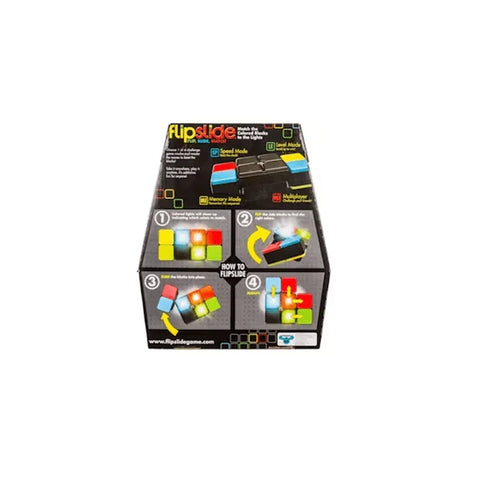 Flipslide electronic puzzle game box with colorful buttons and game instructions visible.