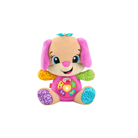 Interactive plush puppy toy for infants, colorful with light-up buttons for learning fun
