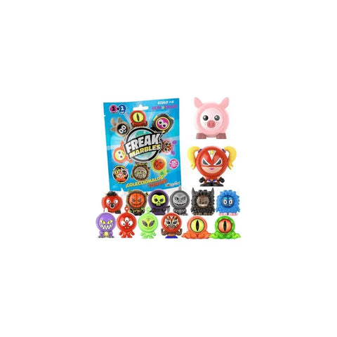 Freak Marbles blind bag with assorted colorful collectible monster toys on display
