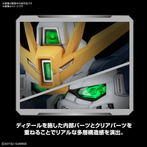 Close-up of a detailed robot model head with green eyes and yellow accents, toy collectible