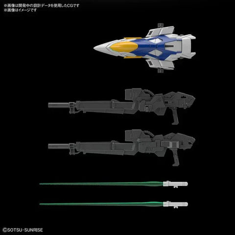 Model kit accessories including spaceship part, two rifles, and two green energy swords on black background.