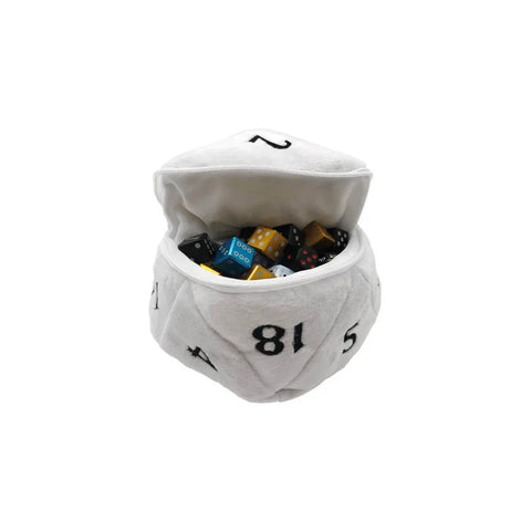 White D20 plush dice bag open with assorted gaming dice inside