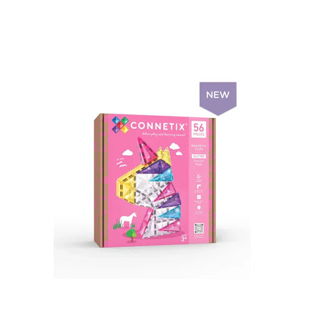 Connetix 56 piece Glitter Unicorn Pack magnetic tiles set in pink box