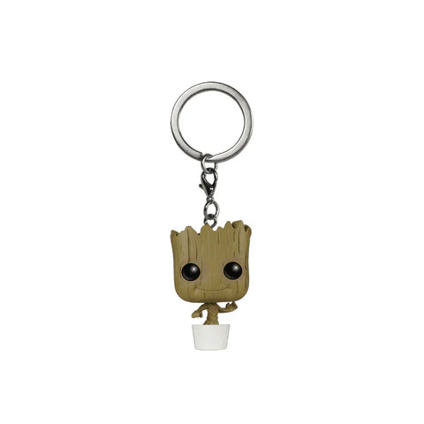 Dancing Groot Pop keychain collectible toy with brown figure in white pot