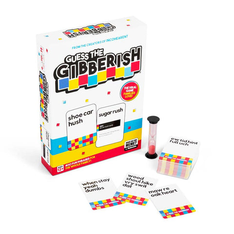 Guess the Gibberish game box with cards and a timer on a white background