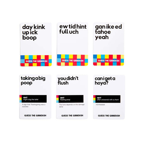 Set of six cards with gibberish phrases and colorful borders on a white background