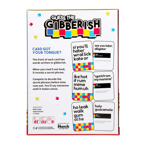 Guess the Gibberish card game packaging with colorful text and a timer on a white background